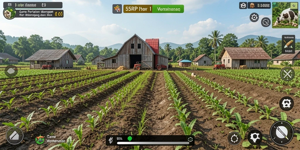 Screenshot gameplay <strong>55RP</strong> menunjukkan aktivitas bertani yang seru.