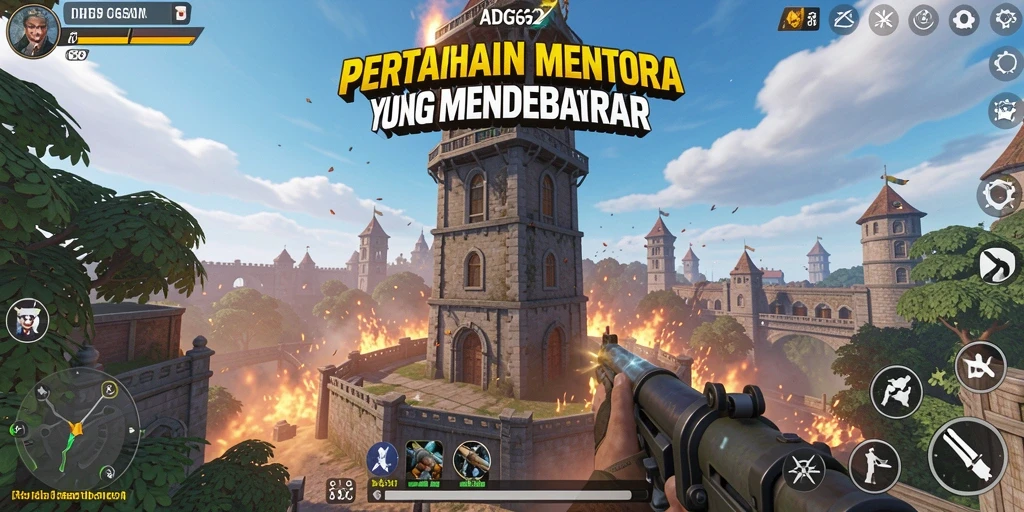 Screenshot gameplay ADG62 menampilkan pertahanan menara yang intens.