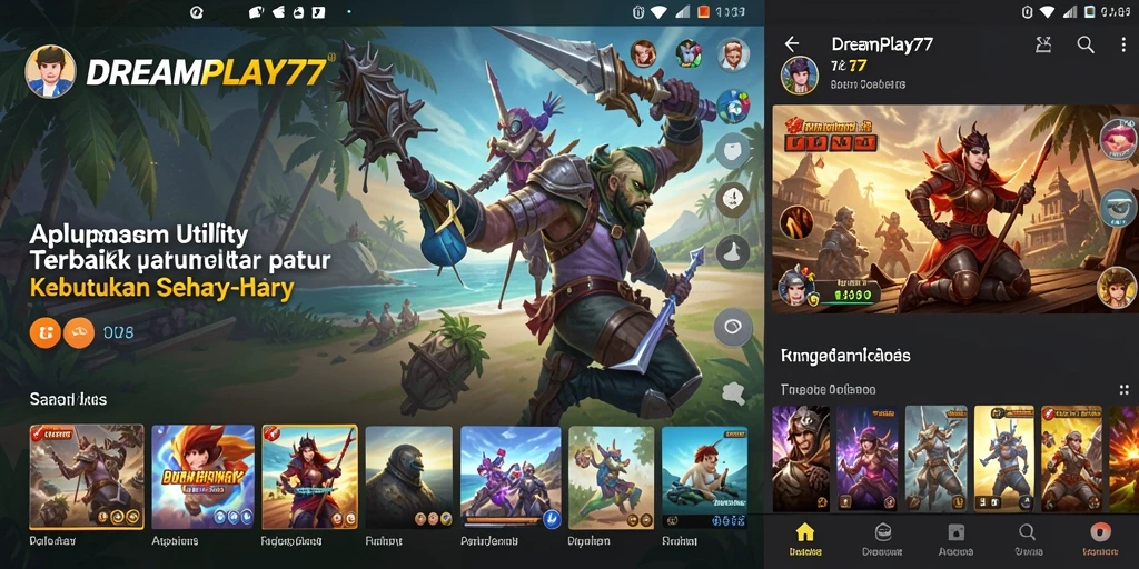 Screenshot utama dari DREAMPLAY77 menampilkan antarmuka aplikasi Utility yang modern.