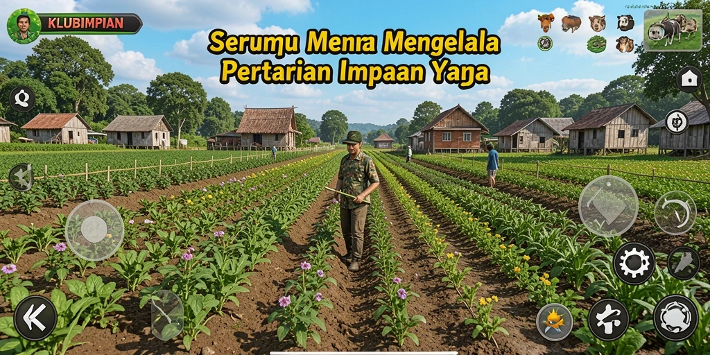 Screenshot utama KLUBIMPIAN menampilkan aktivitas pertanian yang seru.