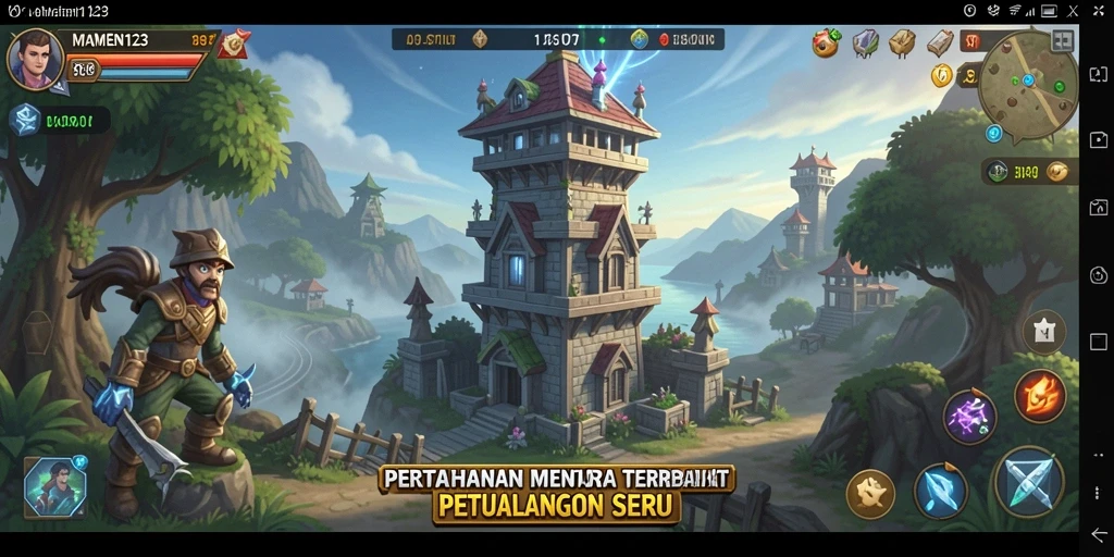 Tangkapan layar utama MAMEN123 menunjukkan aksi menantang dalam Tower Defense.