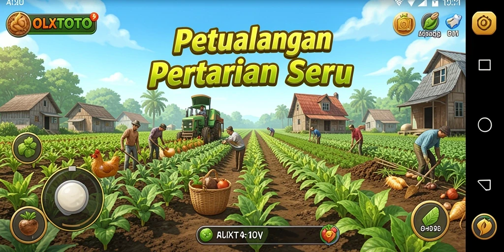 Screenshot gameplay OLXTOTO menampilkan ladang hijau yang subur dan berbagai tanaman.