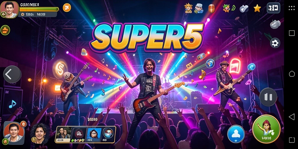 Tampilan gameplay menarik dalam SUPER5 dengan ritmo musik yang mengasyikkan.