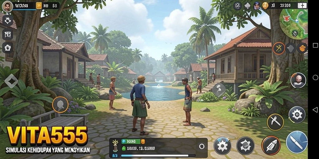 Tangkapan layar gameplay VITA555 menampilkan karakter yang berinteraksi dalam dunia simulasi.